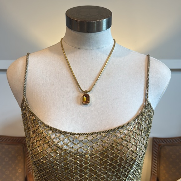 Vintage 80s DIOR Gold Plated Necklace with Orange Crystal Pendant - Picture 5 of 7
